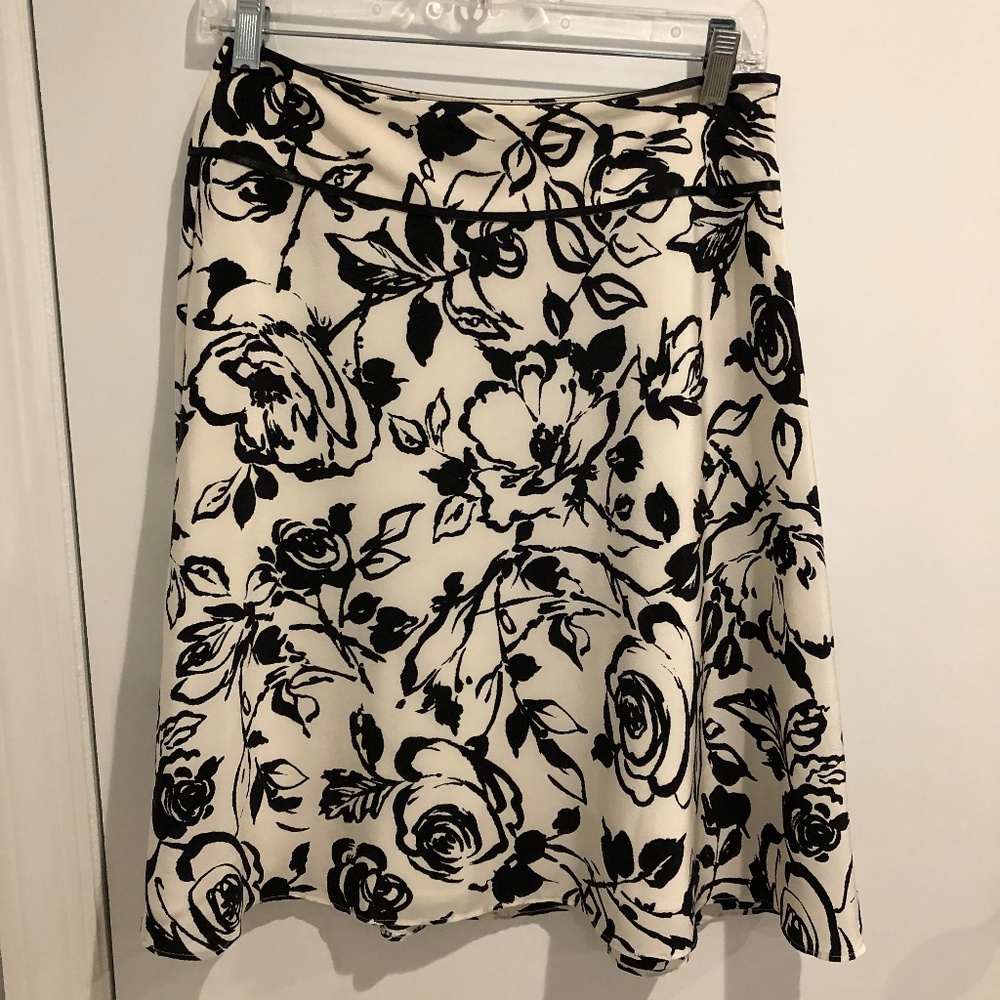 Ann Taylor Black and White Floral Print Silk Skirt